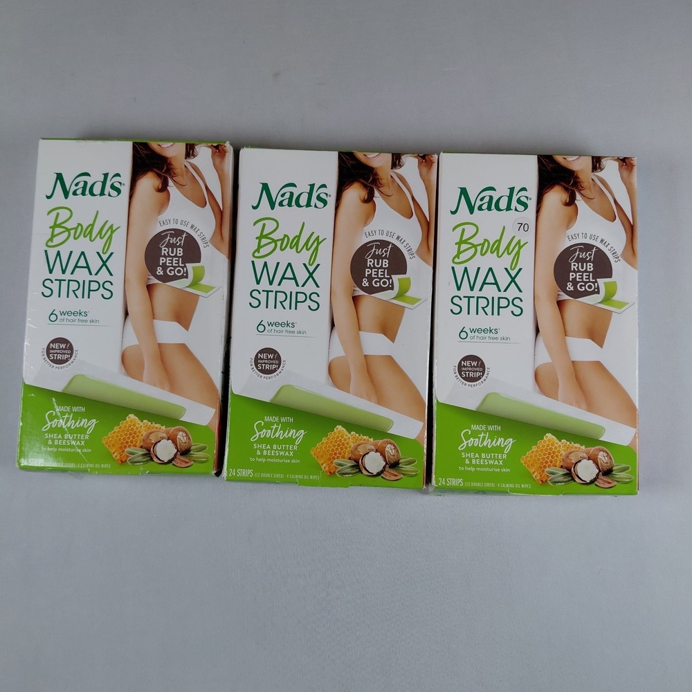 Lot Of 3 Nad's Body Wax 24 Strips Hair Removal At Home plus 4 Calming Oil Wipes